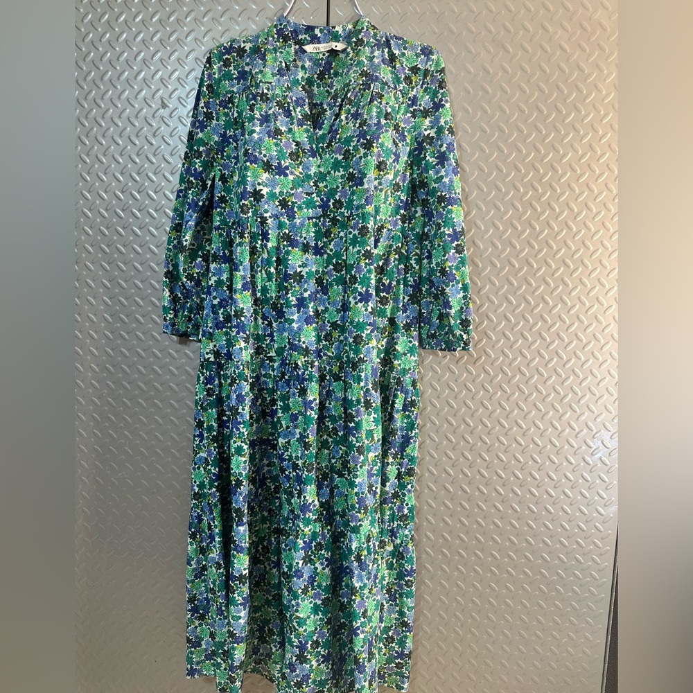 ZARA Maxi Dress Blue Green Floral Print Spring Summer size XS